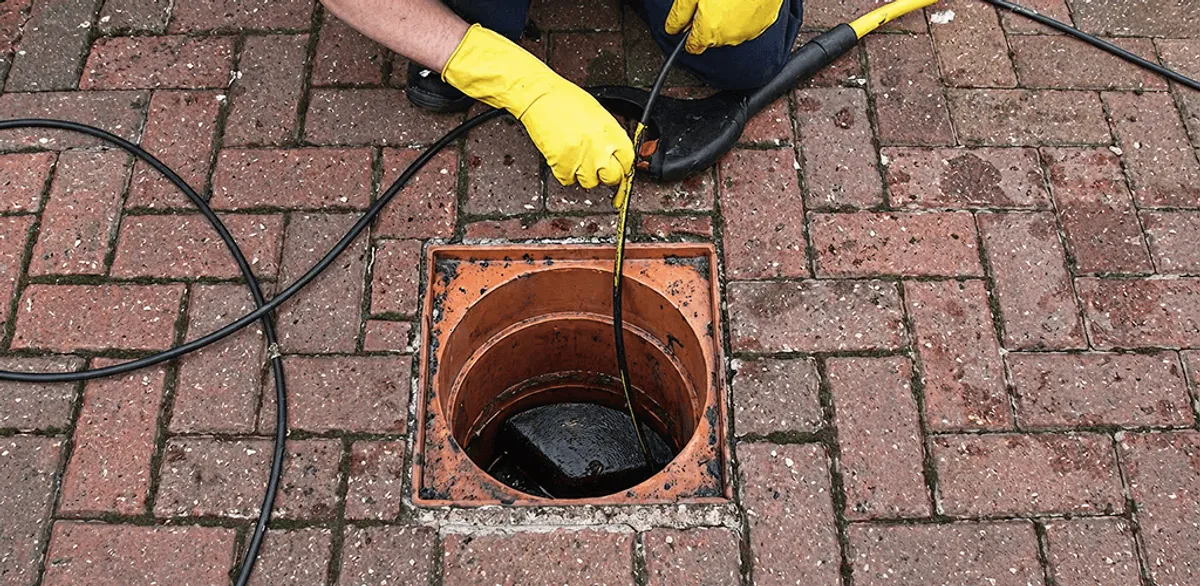 Drain cleaning technician using a drain snake to clear a clogged drain in Manchester, NH