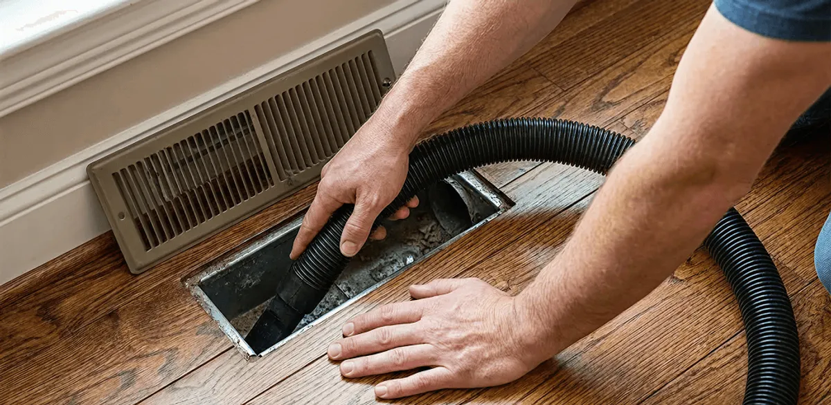 Air duct cleaning technician vacuuming a floor register and duct opening in Manchester, NH
