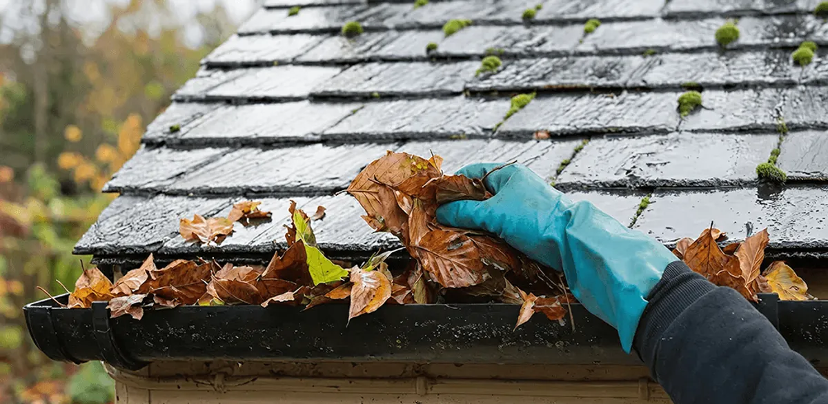 Gutter cleaning technician clearing wet leaves from roof gutters in Manchester, NH
