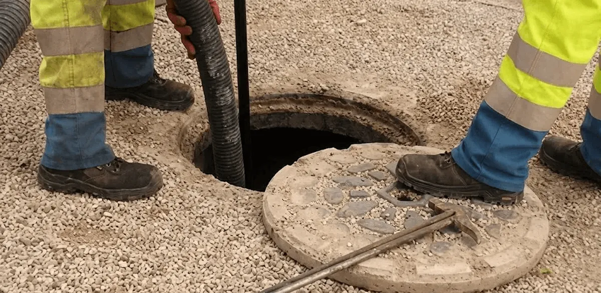 Drain cleaning crew clearing a sewer access point with professional equipment in Manchester, NH
