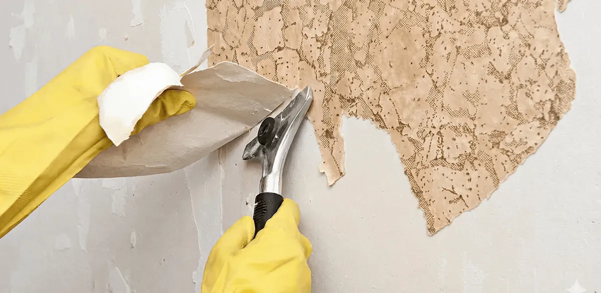 Wallpaper removal service stripping old wallpaper from a wall in Manchester, NH