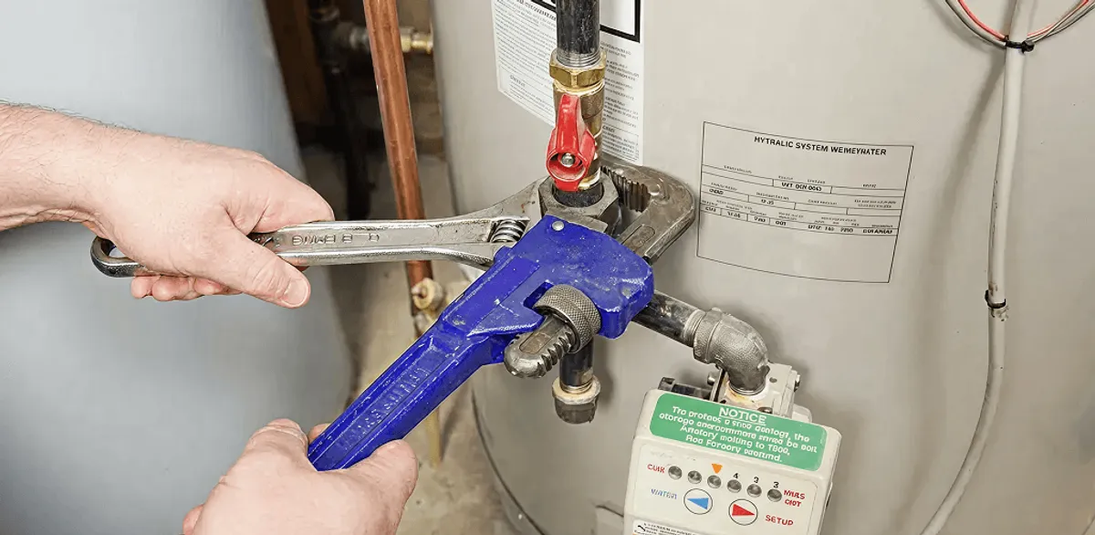 Water heater repair technician tightening the shutoff valve and supply line in Manchester, NH